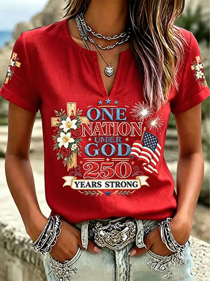 Women'S One Nation Under God Printed Casual Cotton Linen Short Sleeved Shirt