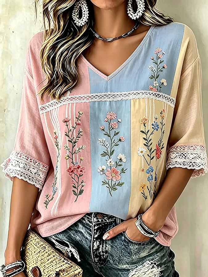 Women's V-neck floral print shirt
