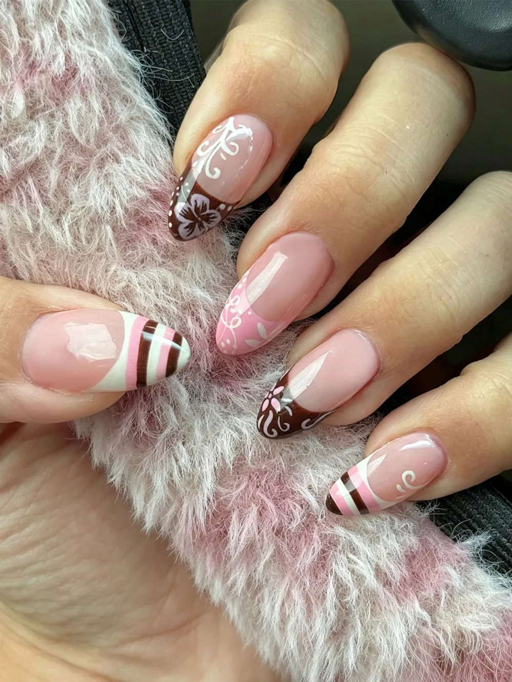 Nailhour Pink 24Pcs French Pink Striped Almond Press On Nails