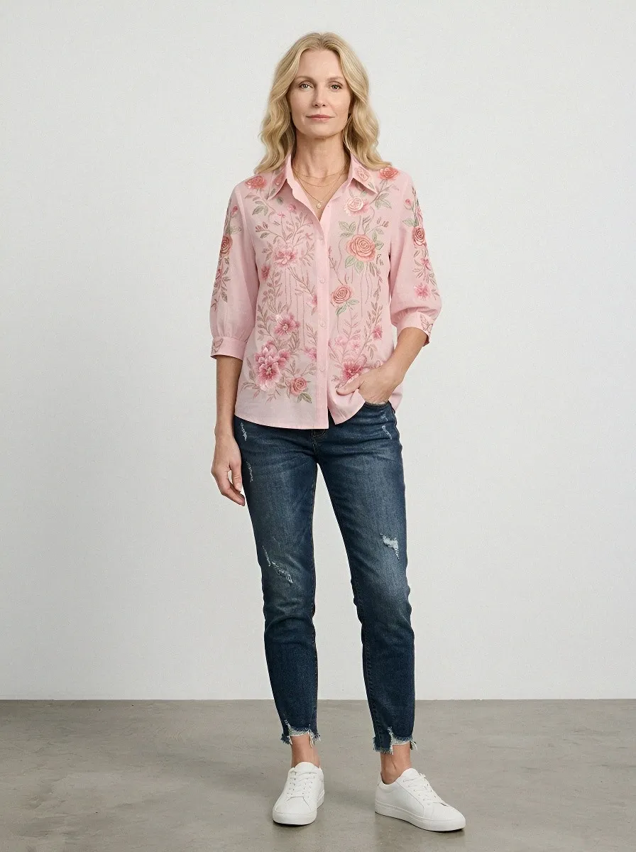 Women's Breast Cancer Awareness Pink Rose Floral Embroidered Printed Shirt