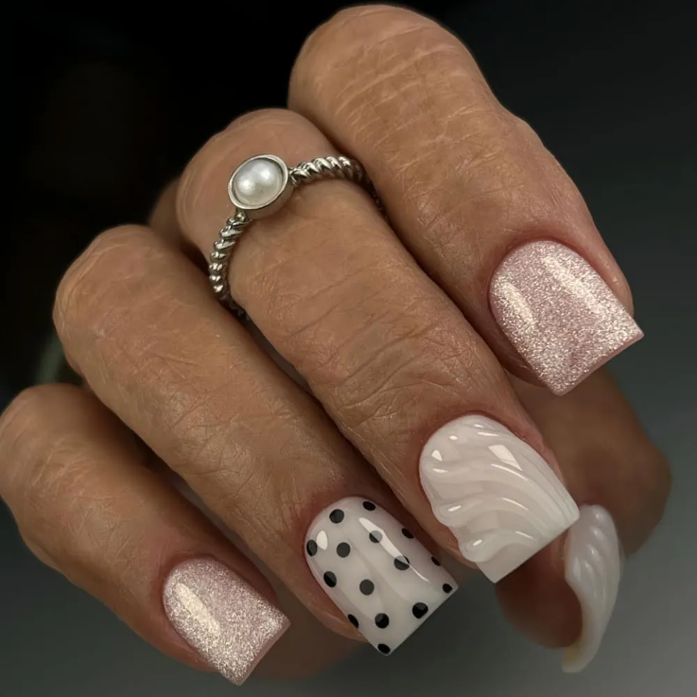 Nailhour 30Pcs 3D Glitter French Short Square Press On Nails