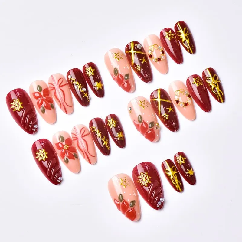 Nailhour 24Pcs Gilded 3D Medium Almond Christmas French Snowflake Press On Nails