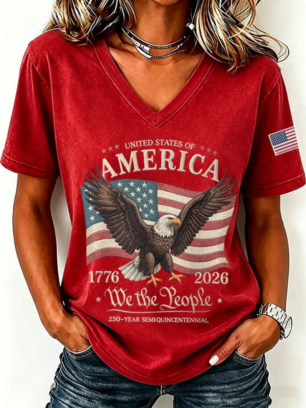 Women'S America Flag Print Casual V-Neck T-Shirt