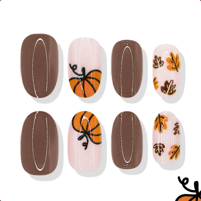 Nailhour 24Pcs Halloween Short Oval Autumn Pumpkin Press On Nails