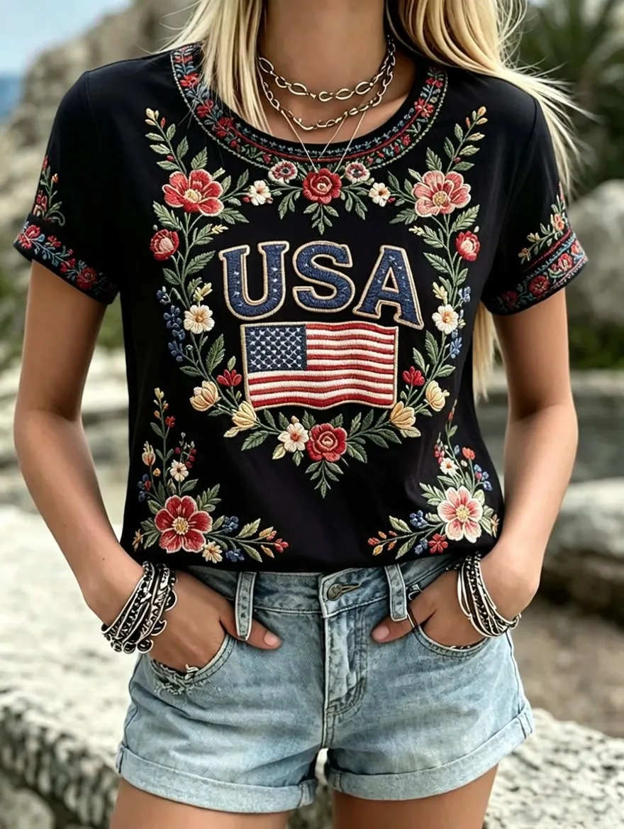 Women's casual round neck Patriot printed T-shirt
