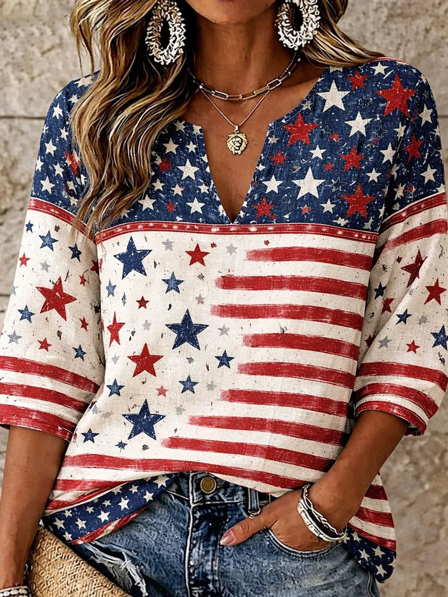 Women's Vintage Flag-Print Cotton-Linen Top