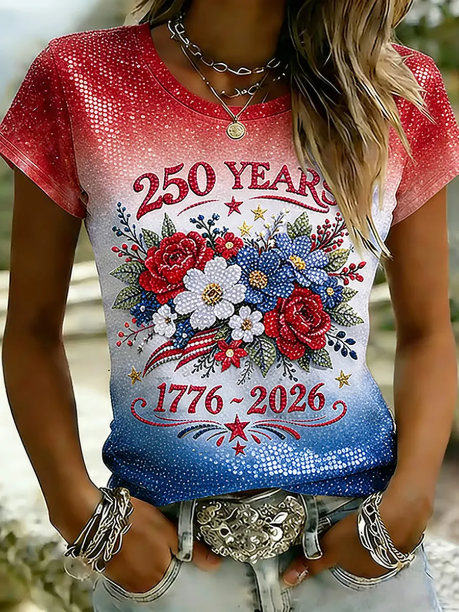 Women's Casual USA 250th Celebration Print Short Sleeve T-shirt