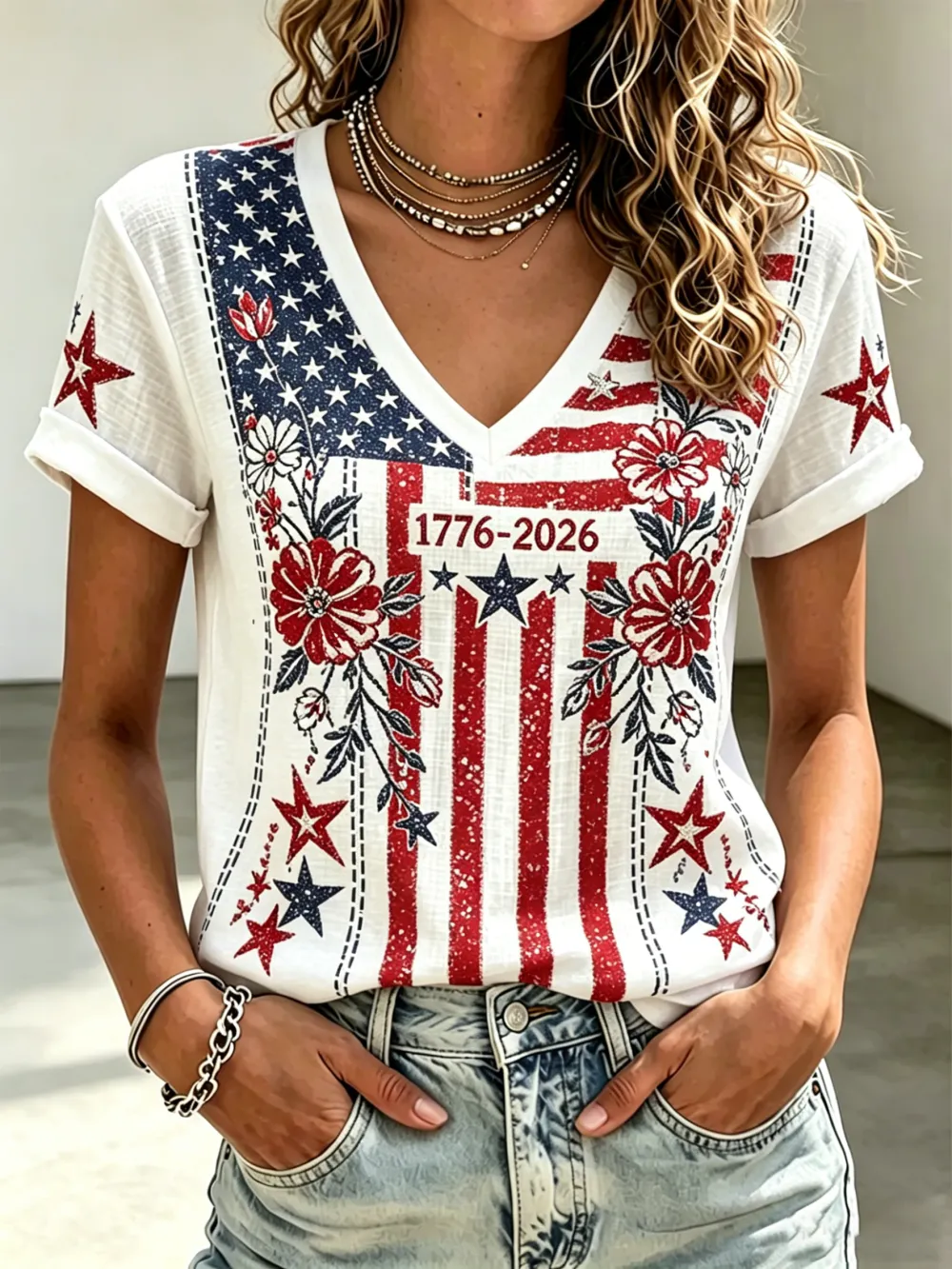 Ladies' Casual American 250Th Anniversary Floral Embroidery Personalized Print V-Neck Top