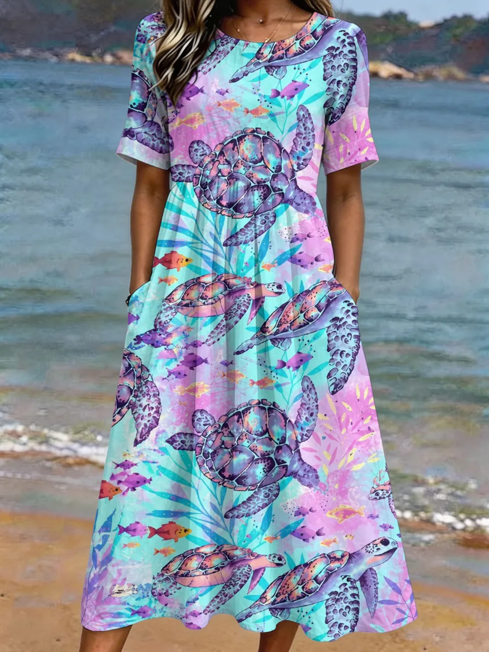 Women's turtle print cotton linen casual dress