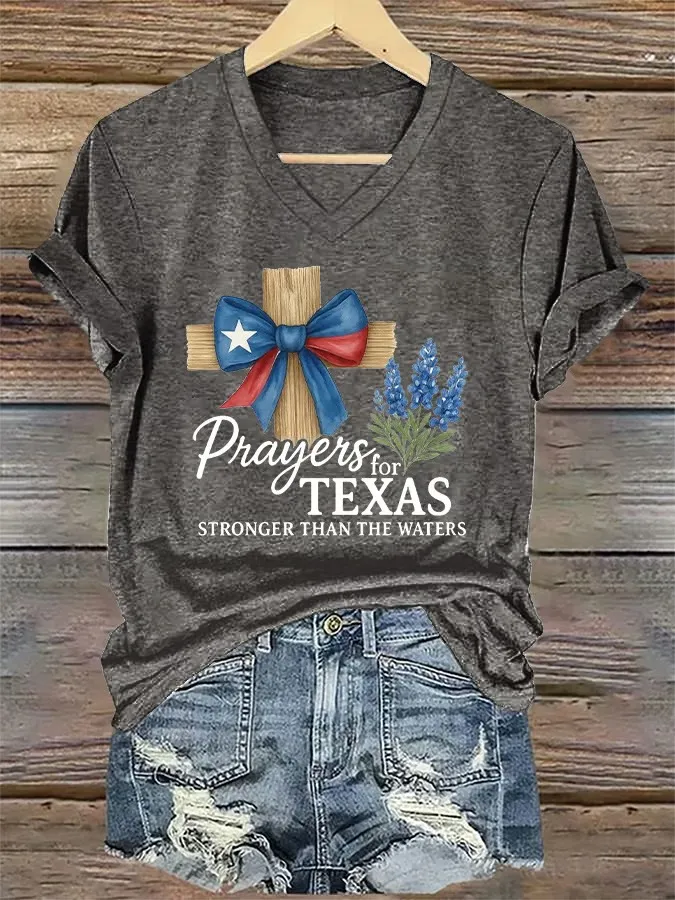 V-Neck Retro Prayers For Texas Print T-Shirt