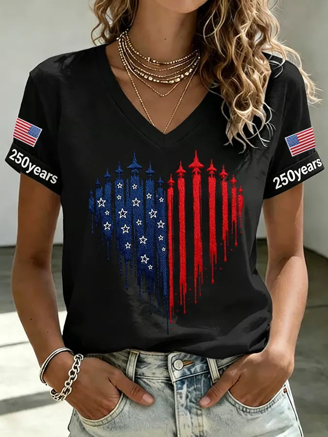 Women's American Flag Heart Print V Neck T-shirt