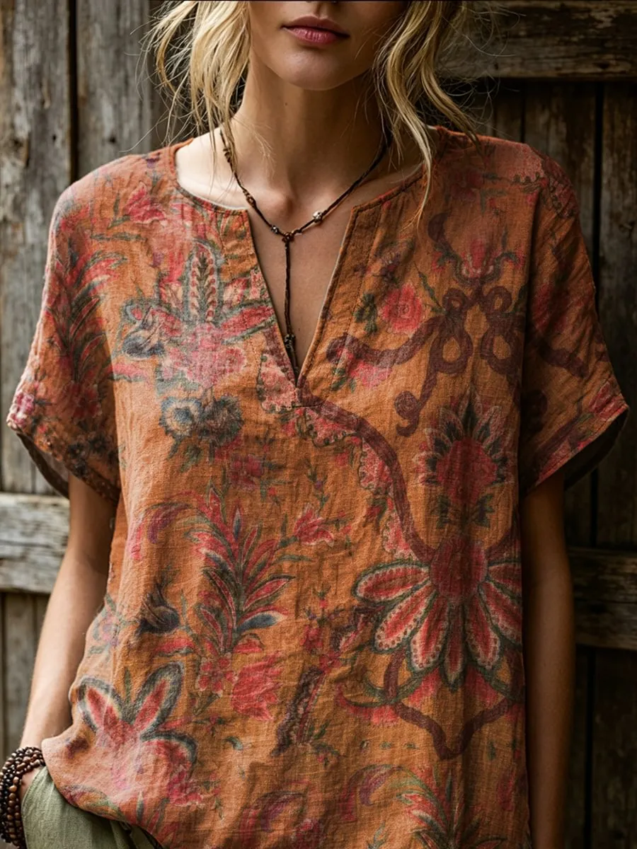 Women's Retro Ethnic Floral Art Print Casual Short-sleeve V-neck Cotton Linen Shirt