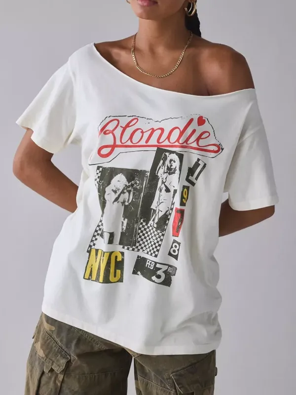 Women's Rock Print Off-The-Shoulder Pure Cotton T-Shirt