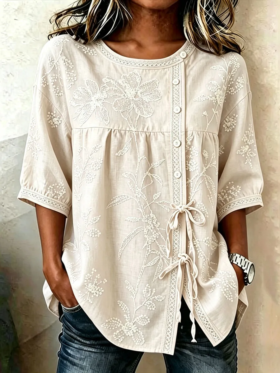 Women'S Casual Print Cotton Linen Top