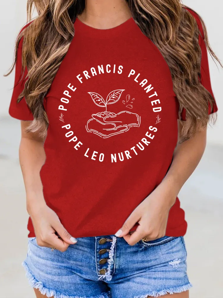 Women's Pope Francis Planted PopeLeo Nurtures Round-Neck Short-Sleeved T-Shirt