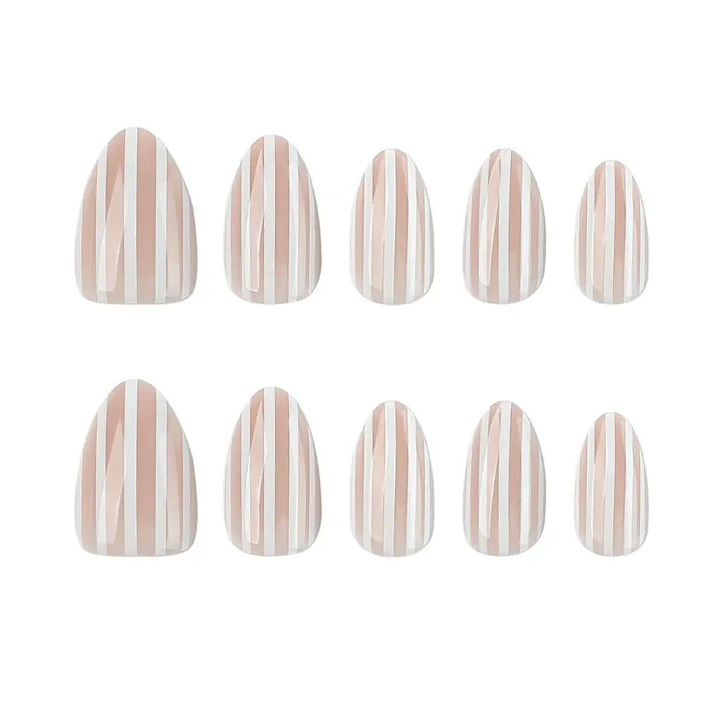 Nailhour 24Pcs Minimalist Medium Almond Pink Stripe Press On Nails