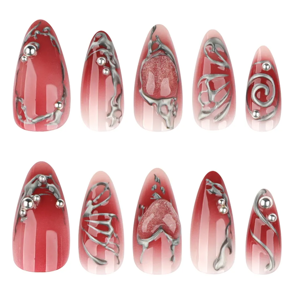 Nailhour 24Pcs Red Y2K Medium Almond Gilded Press On Nails