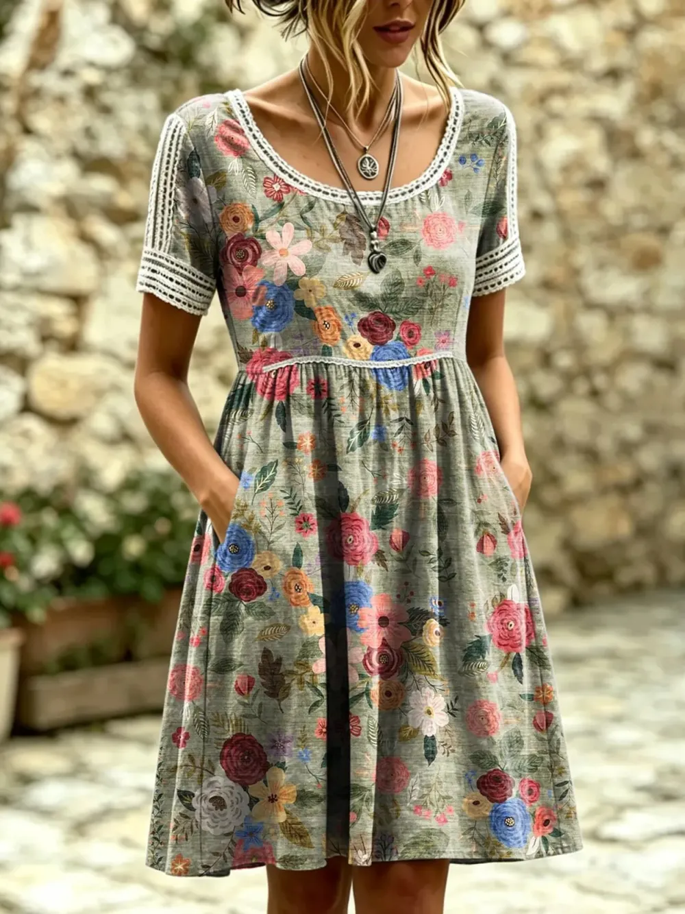 Women's Retro Floral Print Artistic Lace-trimmed Pocket Round-neck Short-sleeve Dress
