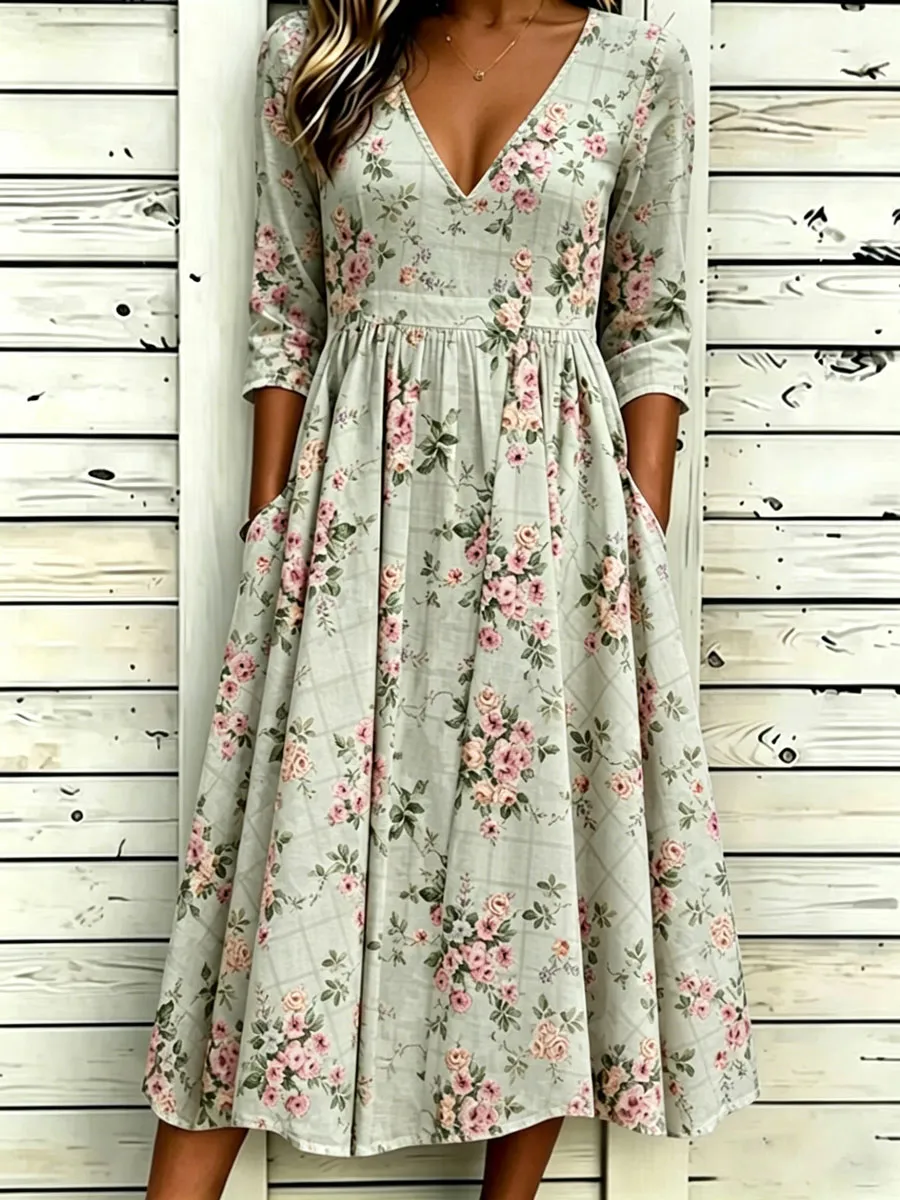 Women'S Cotton And Linen Casual Printed Dress