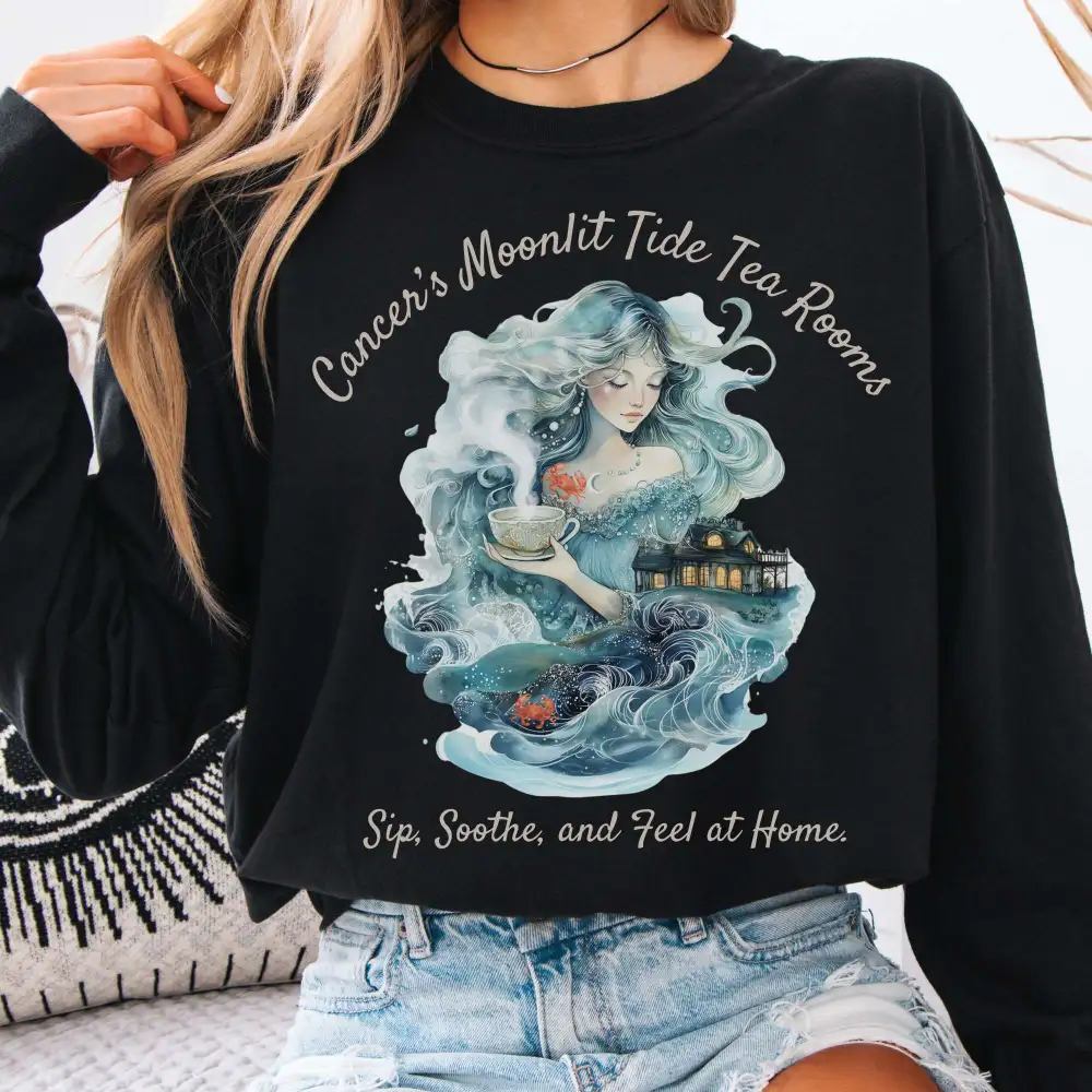 Cancer's Moonlit Tide Tea Rooms Zodiac Long Sleeve Tee