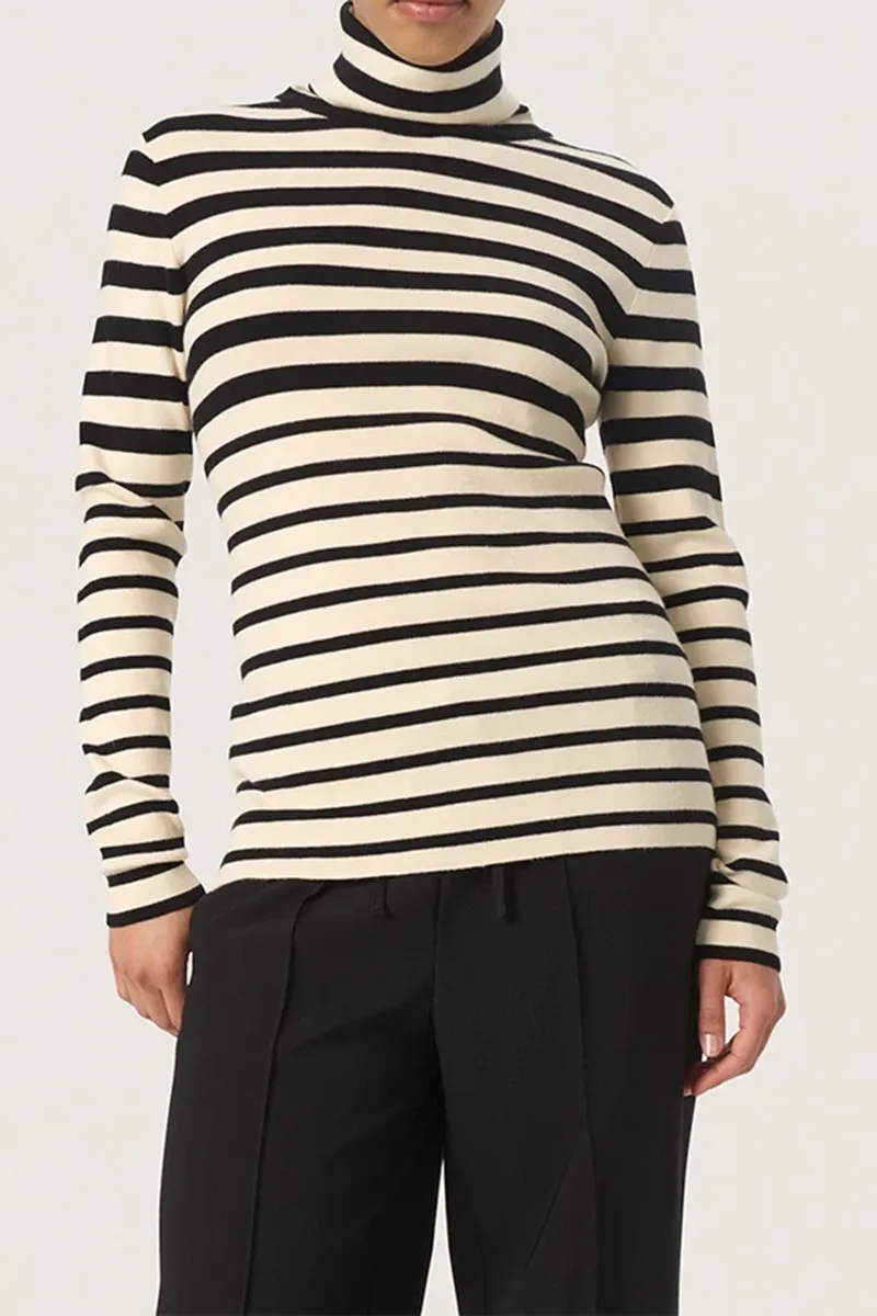 High Neck Striped Long Sleeve Fitted Tops