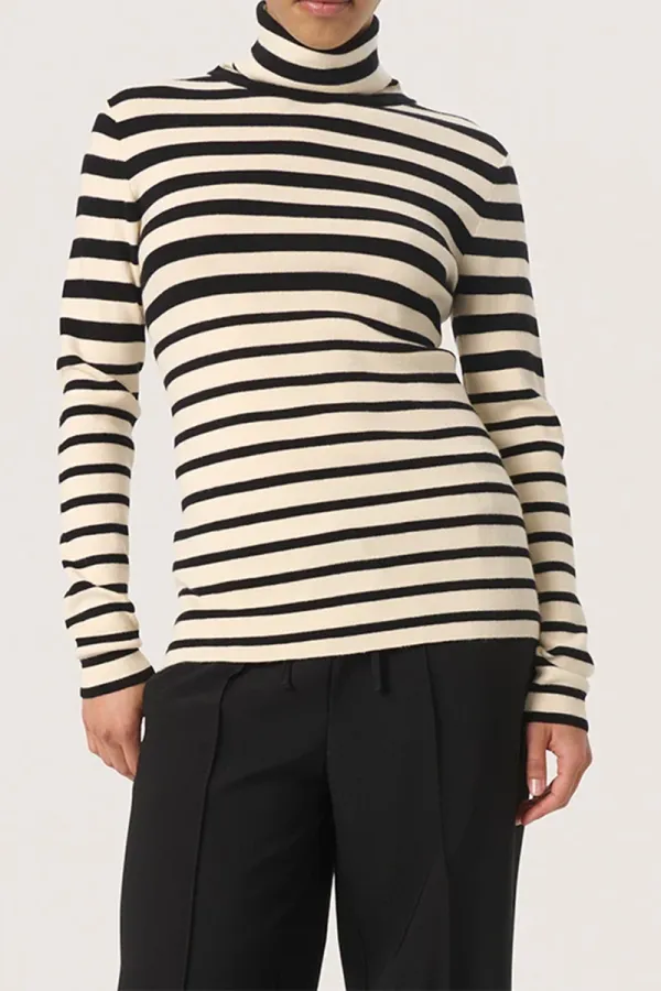 High Neck Striped Long Sleeve Fitted Tops