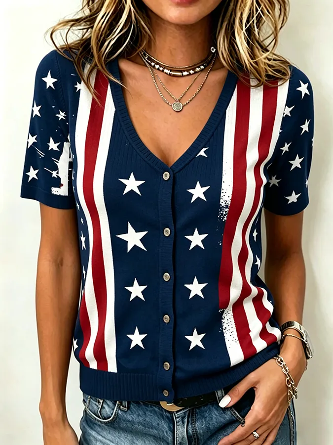 Women's Vintage Patriotic USA Flag Star Stripe V Neck Button Short Sleeve Cardigan