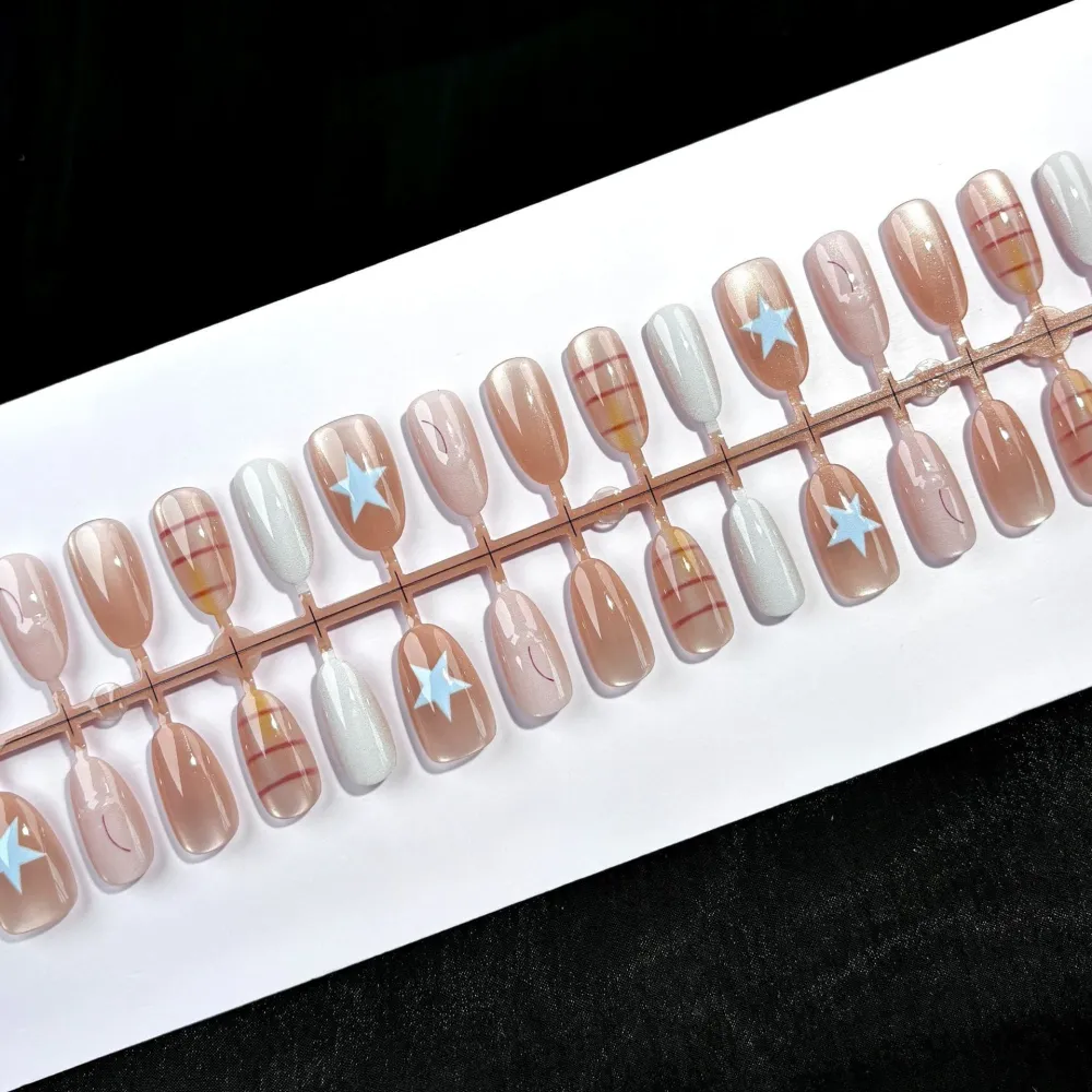 Nailhour 30Pcs 3D Nude Medium Oval Cat Eye Press On Nails