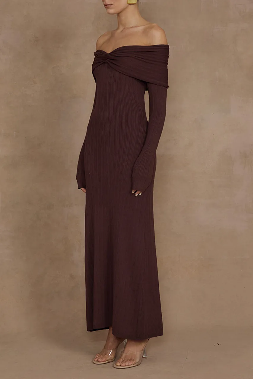 Off Shoulder Long Sleeved Knitted Midi Dresses