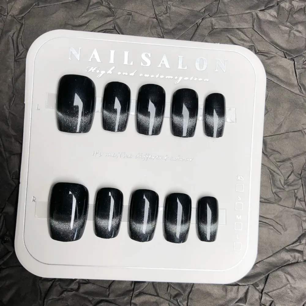 Nailhour 30Pcs Black Medium Square French Cat Eye Press On Nails