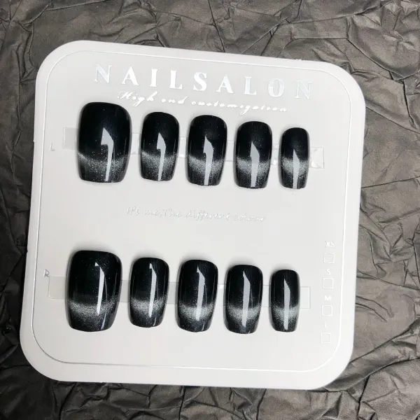 Nailhour 30Pcs Black Medium Square French Cat Eye Press On Nails