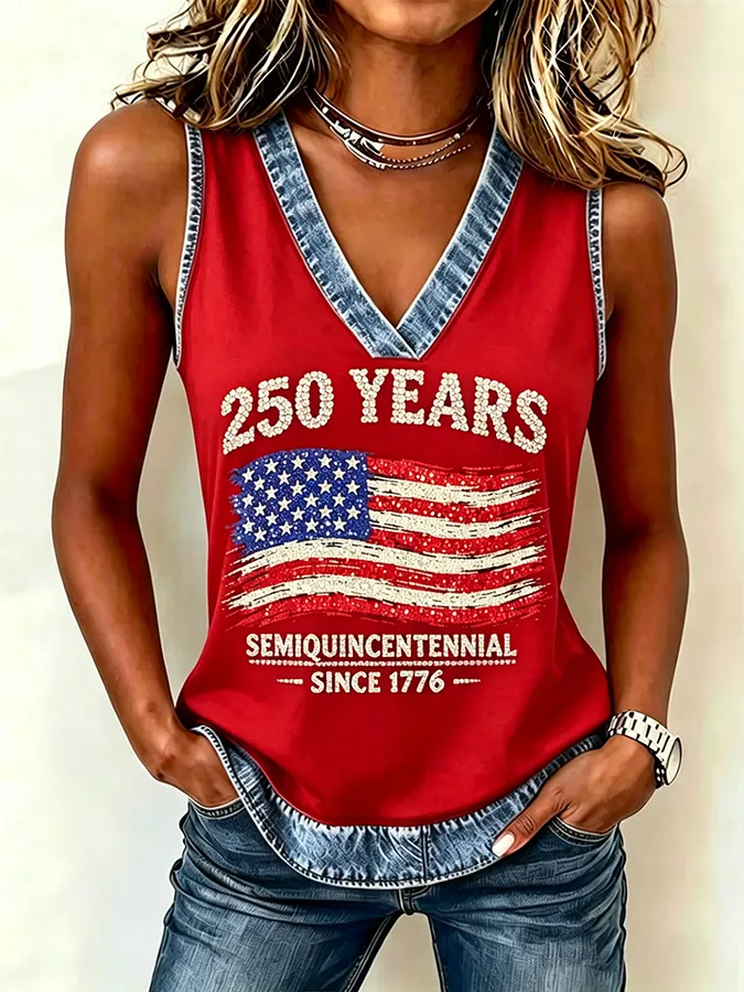 Ladies' Casual America 250Th Anniversary Commemorative Sequin Personalized Print V-Neck Vest