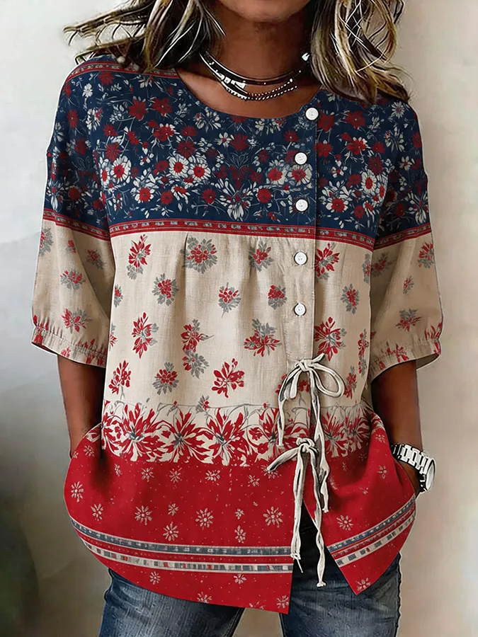 Women'S Retro Independence Day Flag Flower Art Casual Short Sleeved Shirt