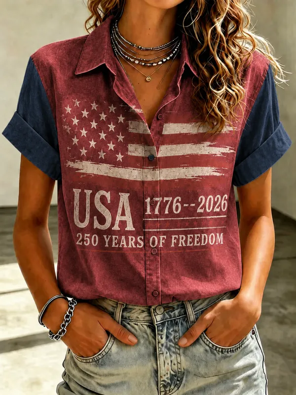 Women'S Casual American Flag 250Th Anniversary Celebration Floral Embroidery Printed Lapel Shirt