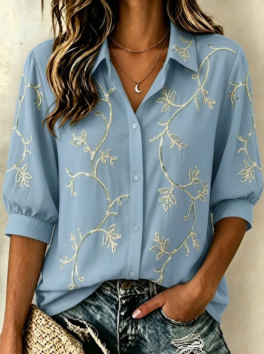 Women's Breast Cancer Awareness Floral Vine Embroidered Button-up Shirt