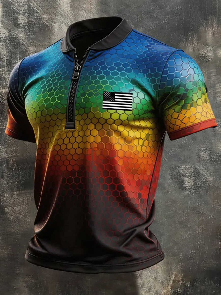 Men's Retro Color-Block Zip-Up T-Shirt
