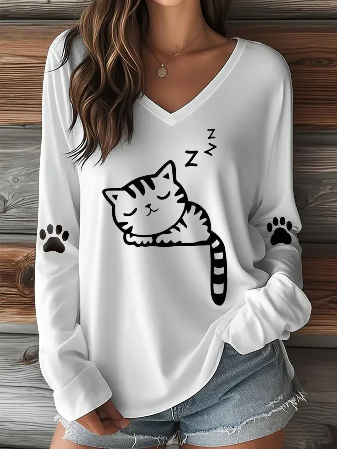 Women's T-shirt With Cute Cat Print And V-Neck And Long Sleeves