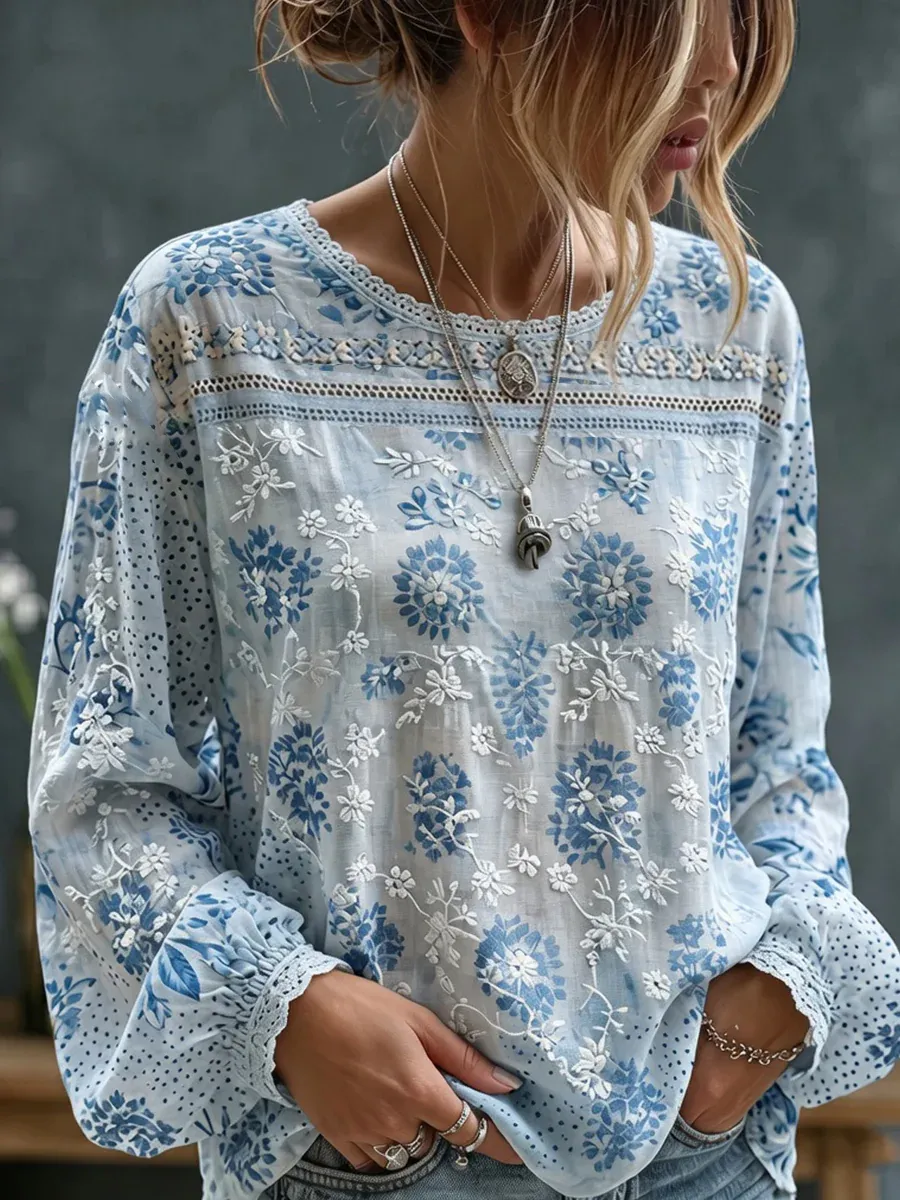Women'S Floral Printed Casual Cotton And Linen Top