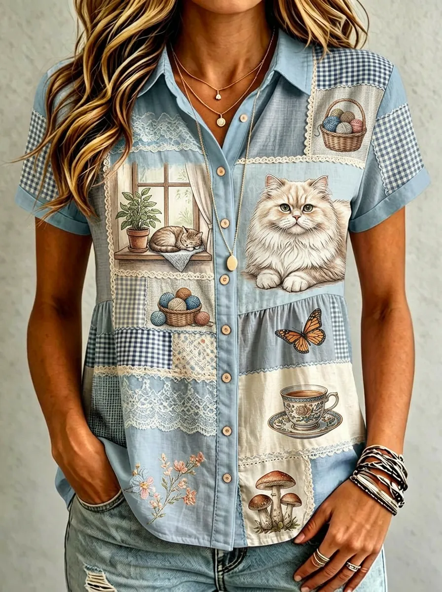 Women's Cat Lover Patchwork Print Cotton Linen Button Down Shirt