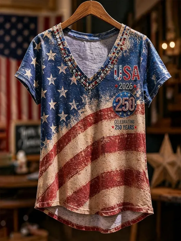 Women's Vintage Flag & Floral Color Block Print V Neck T-Shirt