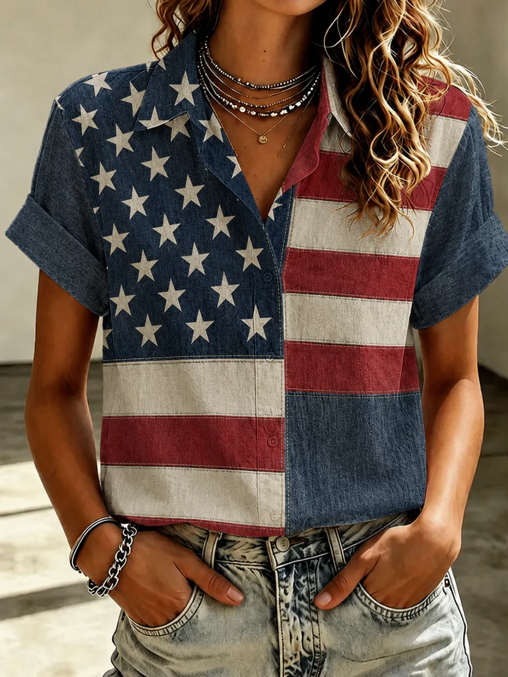 Women'S Casual American Flag 250Th Anniversary Celebration Floral Embroidery Printed Lapel Shirt