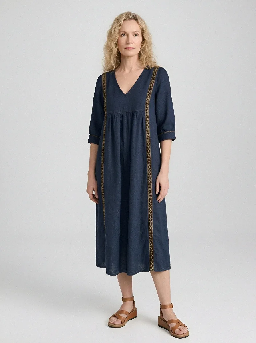 Women's Summer Vacation Navy Blue Embroidered Trim Linen Midi Dress
