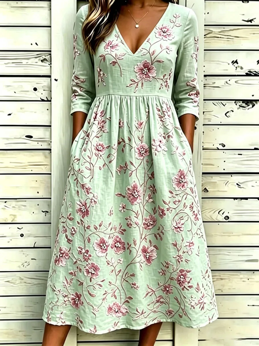Women'S Cotton And Linen Casual Printed Dress