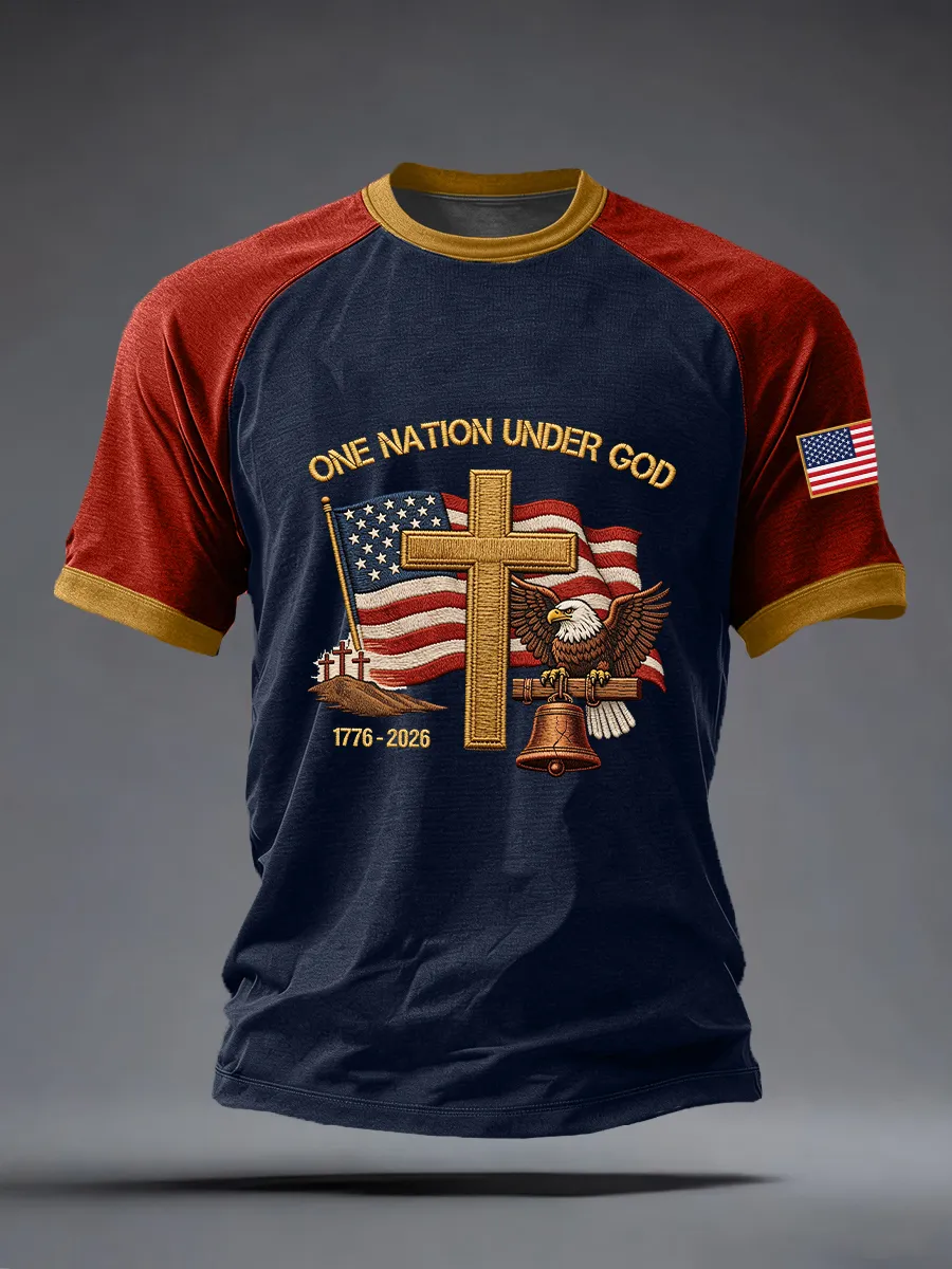 Men'S One Nation Under God Embroidery Pattern T-Shirt