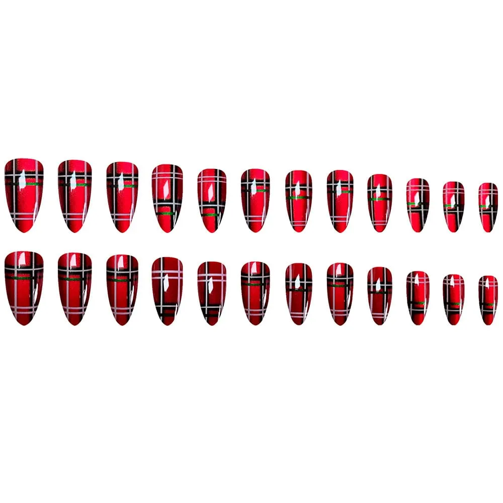 Nailhour 24Pcs Christmas Red Medium Almond French Press On Nails