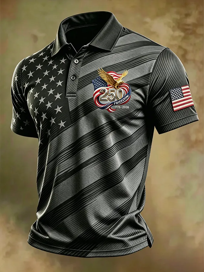 Men'S American Flag Print Casual Polo Shirt