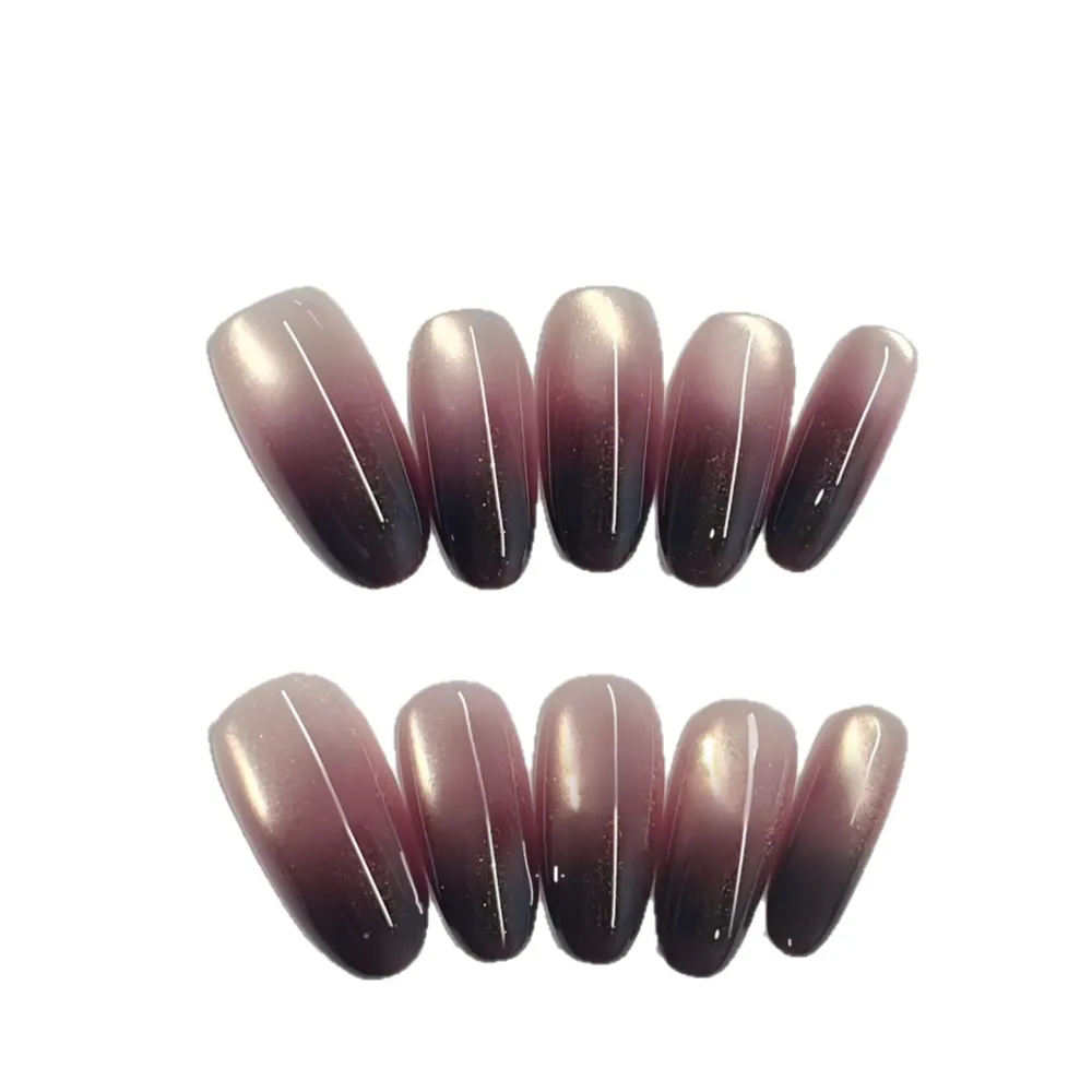 Nailhour 10Pcs Purple Cat Eye Gradient Long Oval Press On Nails