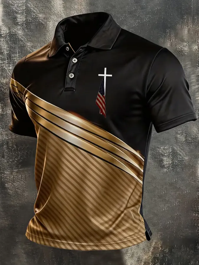 Men'S American Flag Print Casual Polo Shirt