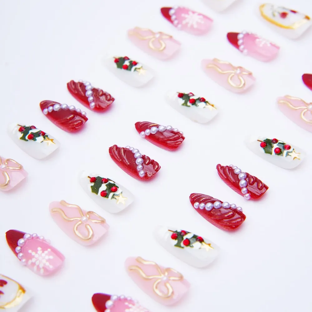 Nailhour 30Pcs Christmas 3D Medium Almond Rhinestone Press On Nails