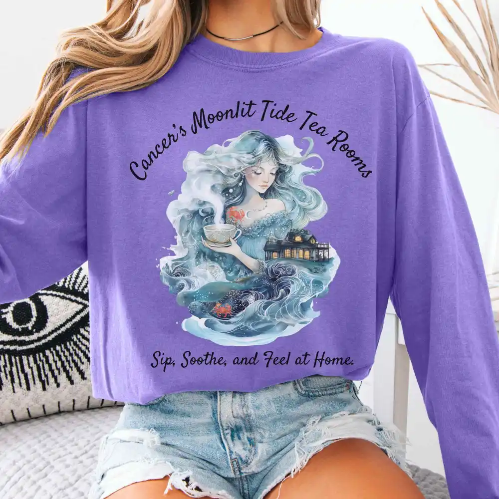 Cancer's Moonlit Tide Tea Rooms Zodiac Long Sleeve Tee